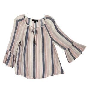 NWOT FRED DAVID Top M Pink Cream Grey Stripe Neck-Tie-Bow Ruffle-Bell-Long-Sleev